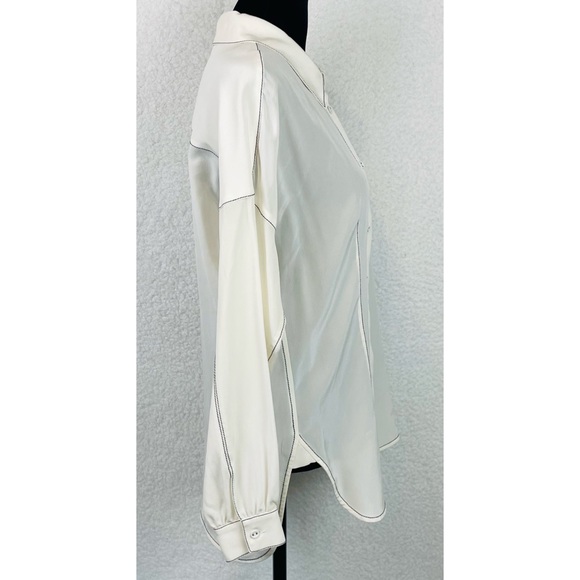 ALEXIS • 100% Silk White/Black Contrast Long Sleeve Button-Down Shirt, S - Picture 6 of 13